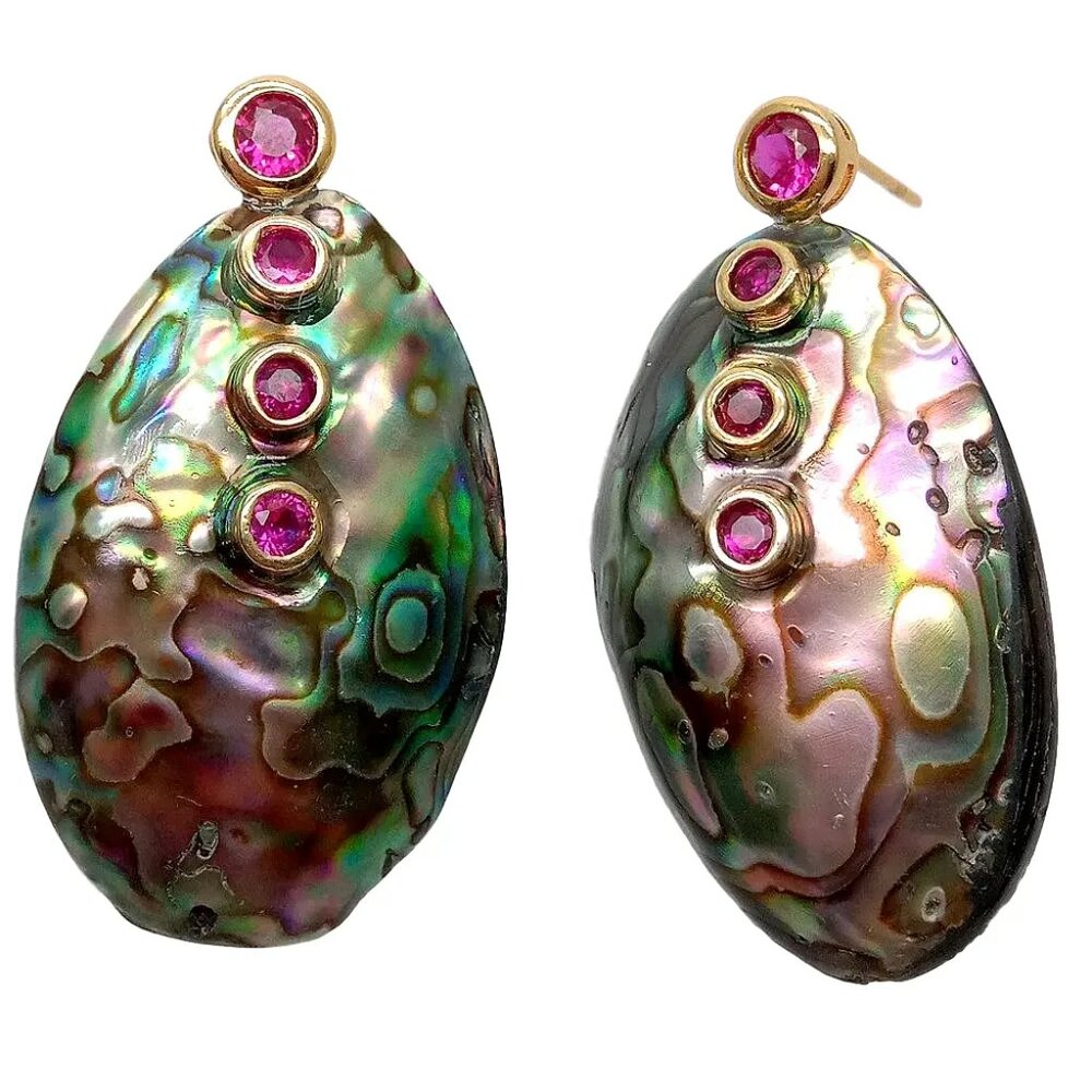 Abalone shell and bezel CZ post earrings - red or green NEW